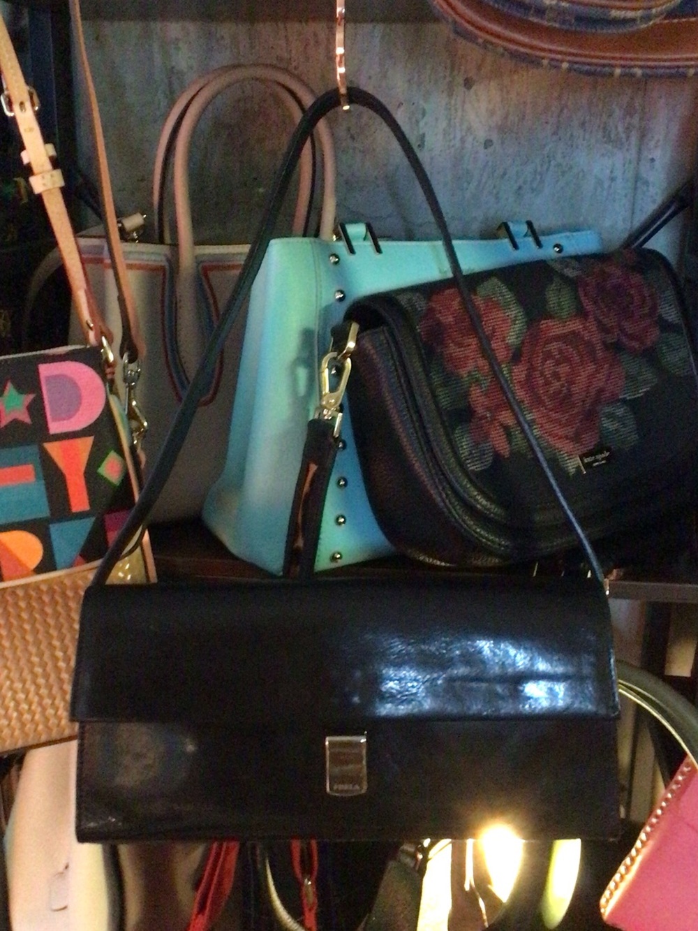 Furla Black Patent Leather Shoulder Bag with Gold-Tone Clasp